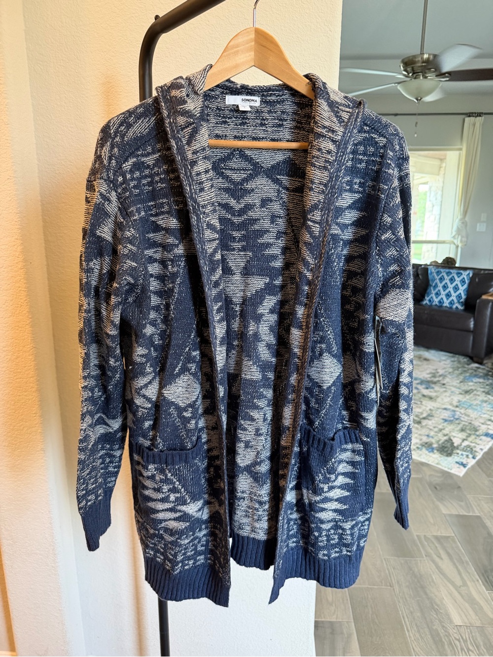 SONOMA Navy & Light Gray Hooded Geometric Open-Front Cardigan
